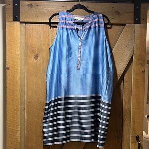 LOFT Blue, Navy and Orange Striped Silk Midi Dress